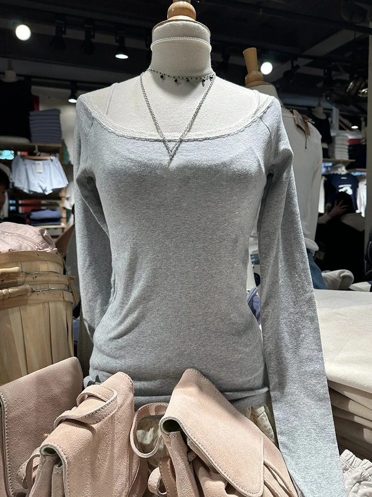 Lace Patchwork Gray Long Sleeve T-shirt For Woman Scoop Neck Slim Tee Shirt Autumn Sweet Cute Vintage Casual Tshirt Cotton Top
Lace Patchwork Gray Long Sleeve T-shirt For Woman Scoop Neck Slim Tee Shirt Autumn Sweet Cute Vintage Casual Tshirt Cotton Top