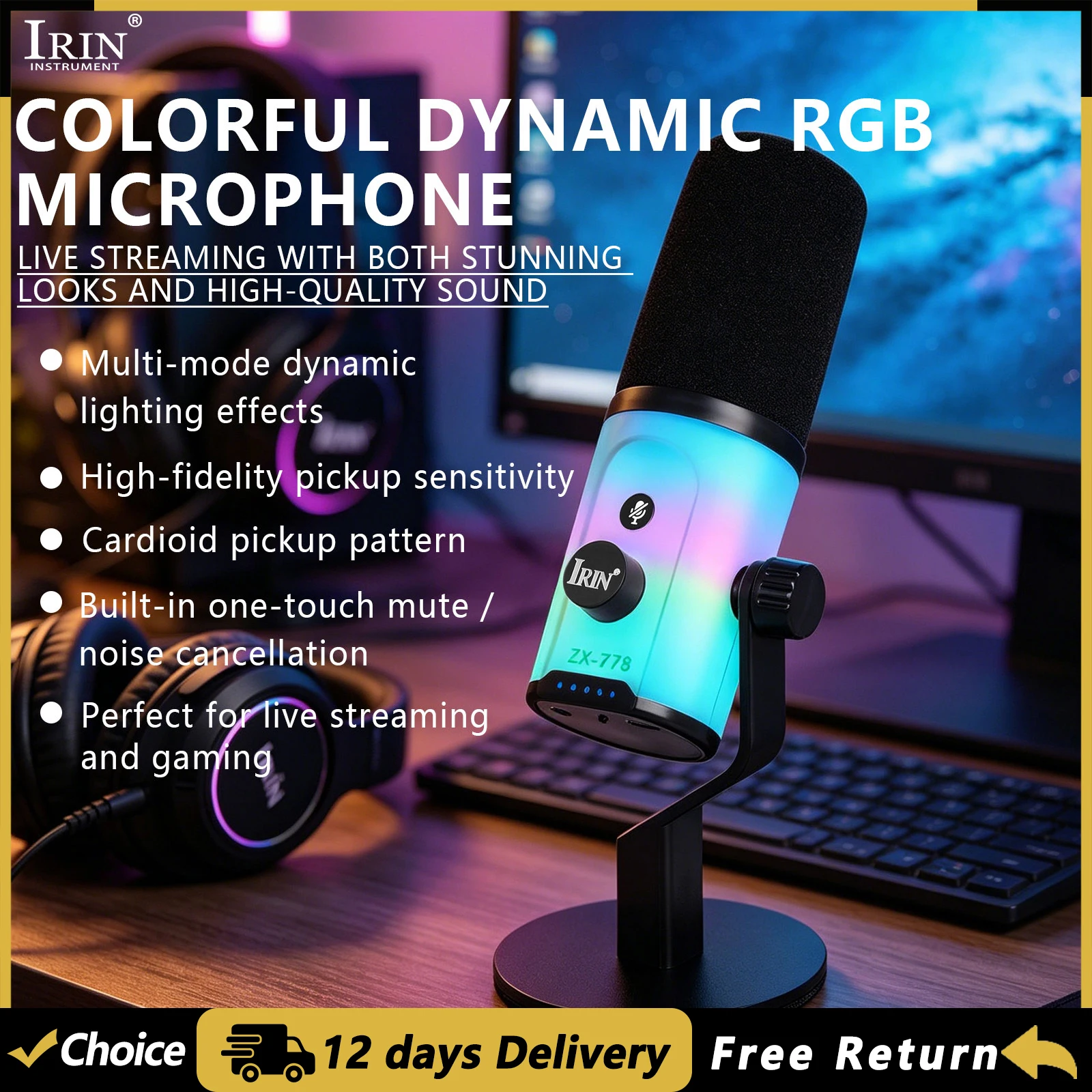 IRIN ZX-778 Desktop Microphone High Sensitivity Dynamic Microphone Game Live Mic Connects to Computer for Professional Dubbing