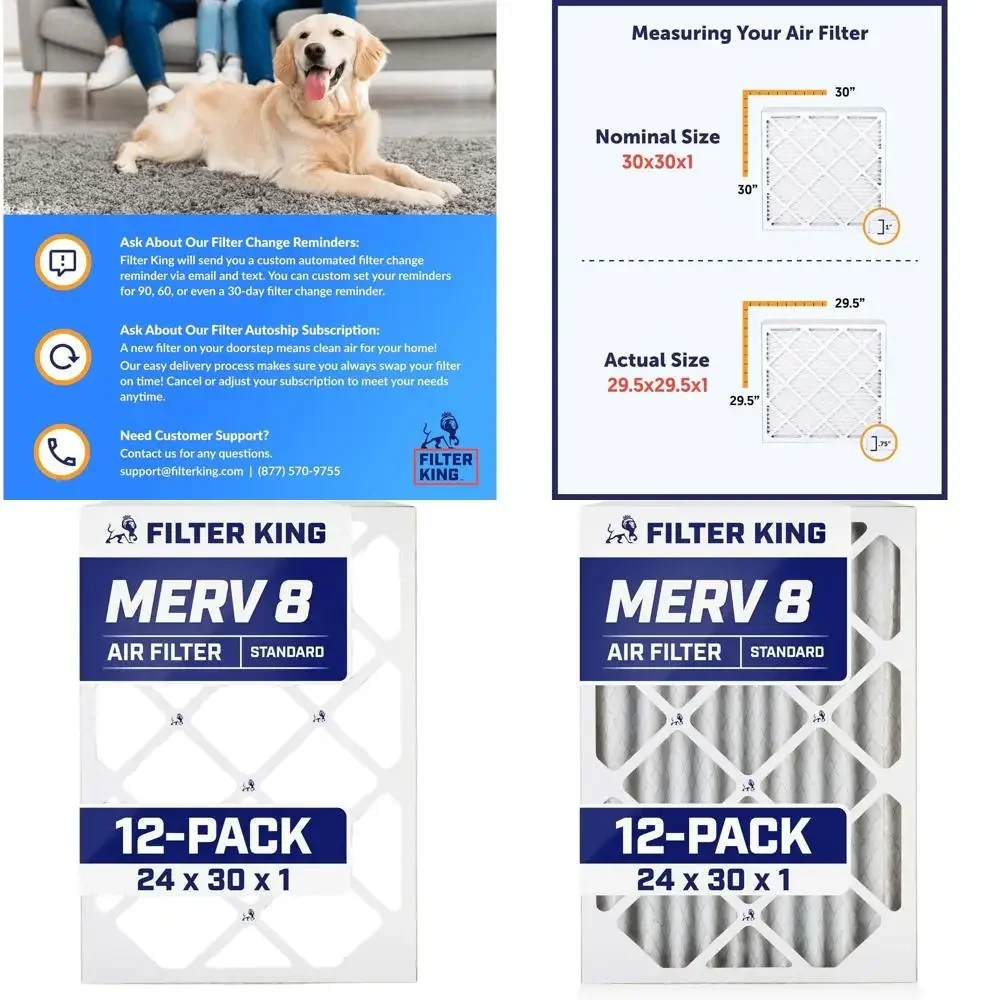 12-Pack 24x30x1 MERV 8 Pleated Air Filters for Dust & Allergy Control, Made in USA, HVAC, Actual Size: 23.5x29.5x0.75
12-Pack 24x30x1 MERV 8 Pleated Air Filters for Dust & Allergy Control, Made in USA, HVAC, Actual Size: 23.5x29.5x0.75