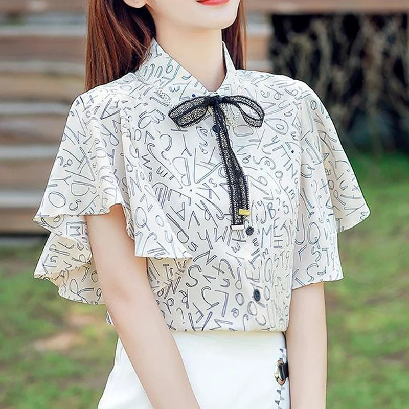 Summer New Short Sleeve Chiffon Blouse Printing Bow Patchwork All-match Loose Elegant Shirt Tops Fashion Office Women Clothing
Summer New Short Sleeve Chiffon Blouse Printing Bow Patchwork All-match Loose Elegant Shirt Tops Fashion Office Women Clothing