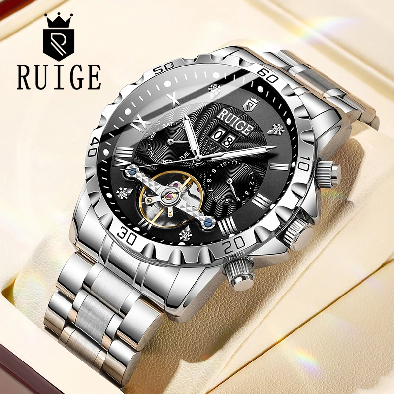 RUIGE Three-eyed six-needle date night light stainless steel strap automatic mechanical watch fashion business men's wristwatch
RUIGE Three-eyed six-needle date night light stainless steel strap automatic mechanical watch fashion business men's wristwatch