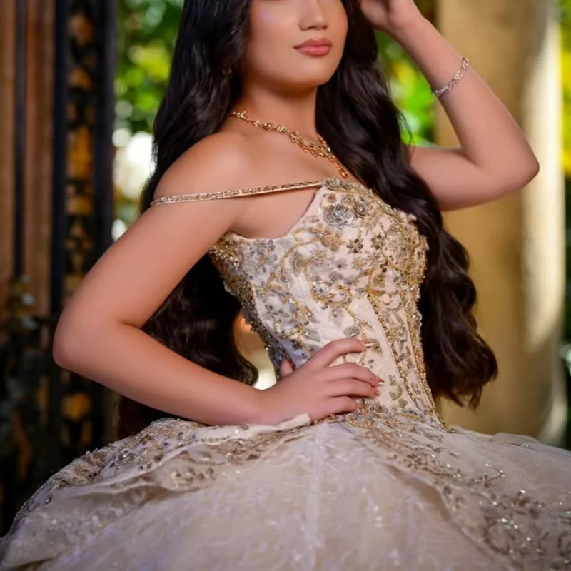 Блестящие платья Quinceanera цвета шампанского по индивидуальному заказу с открытыми плечами и аппликацией из кристаллов и блесток, длинный хвост, Vestido 15, Quinceanera
Блестящие платья Quinceanera цвета шампанского по индивидуальному заказу с открытыми плечами и аппликацией из кристаллов и блесток, длинный хвост, Vestido 15, Quinceanera