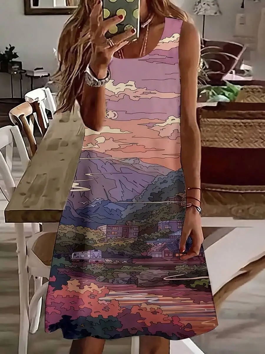 Women Sleeveless Dress Mountain Landscape Print Summer Vacation Outfit
Women Sleeveless Dress Mountain Landscape Print Summer Vacation Outfit