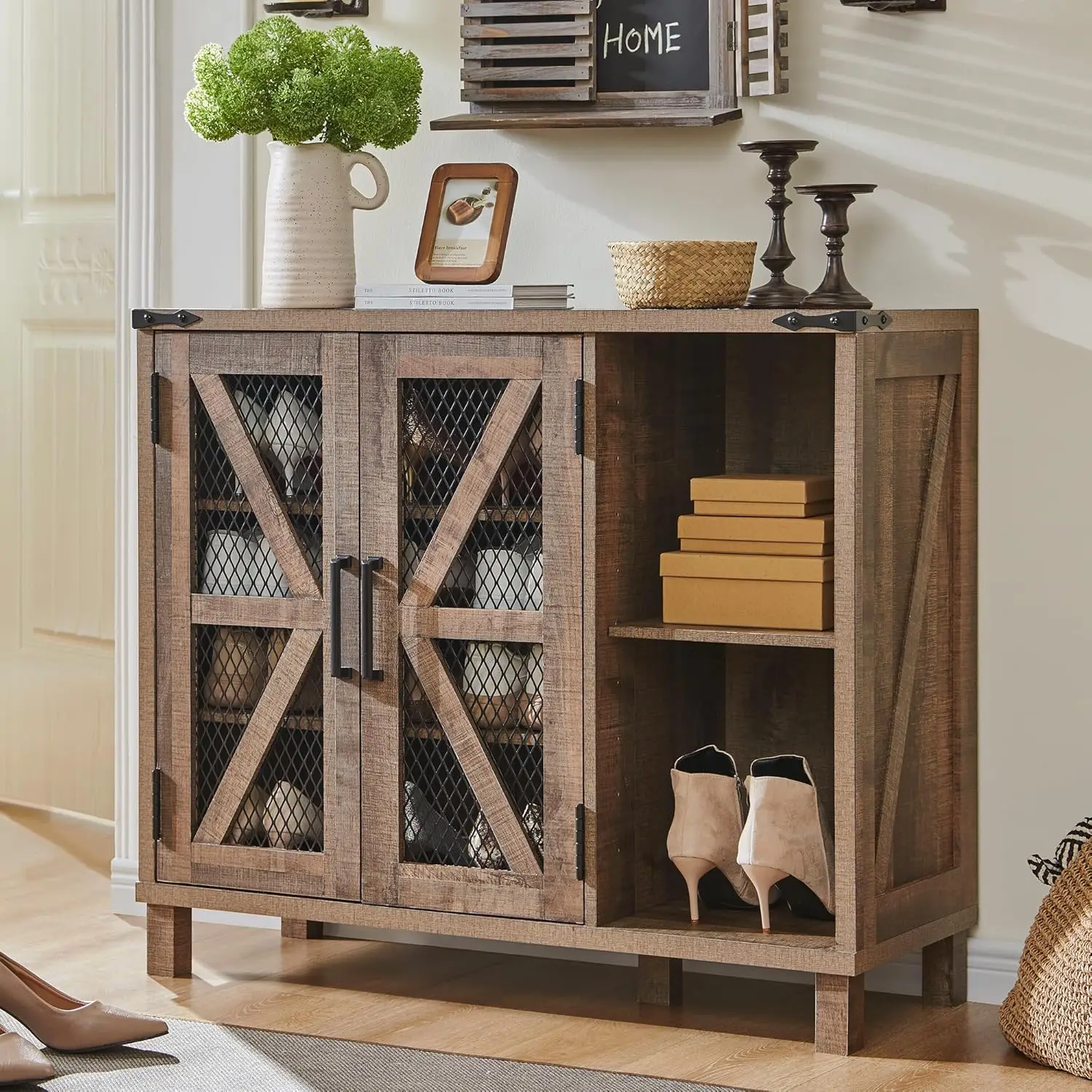 Shoe Storage Cabinet, 38" Wide Farmhouse Shoe Cabinet with Mesh Doors and Adjustable Shelves, Rustic Wooden Shoe Organizer, Mod
Shoe Storage Cabinet, 38" Wide Farmhouse Shoe Cabinet with Mesh Doors and Adjustable Shelves, Rustic Wooden Shoe Organizer, Mod