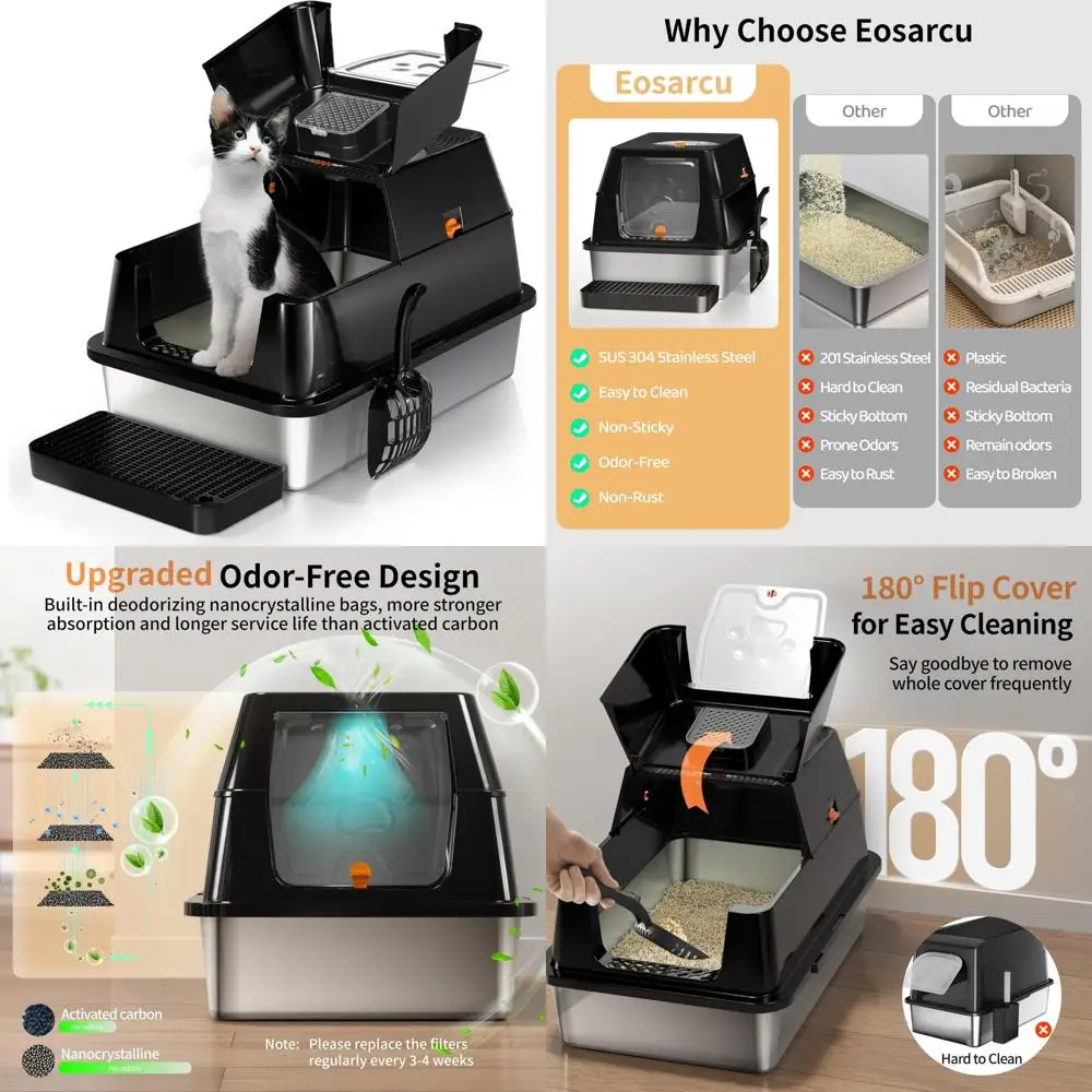 Extra Large Enclosed Stainless Steel Cat Litter Box with Flip-Top Lid and High Sides for Easy Cleaning and Odor Control
Extra Large Enclosed Stainless Steel Cat Litter Box with Flip-Top Lid and High Sides for Easy Cleaning and Odor Control