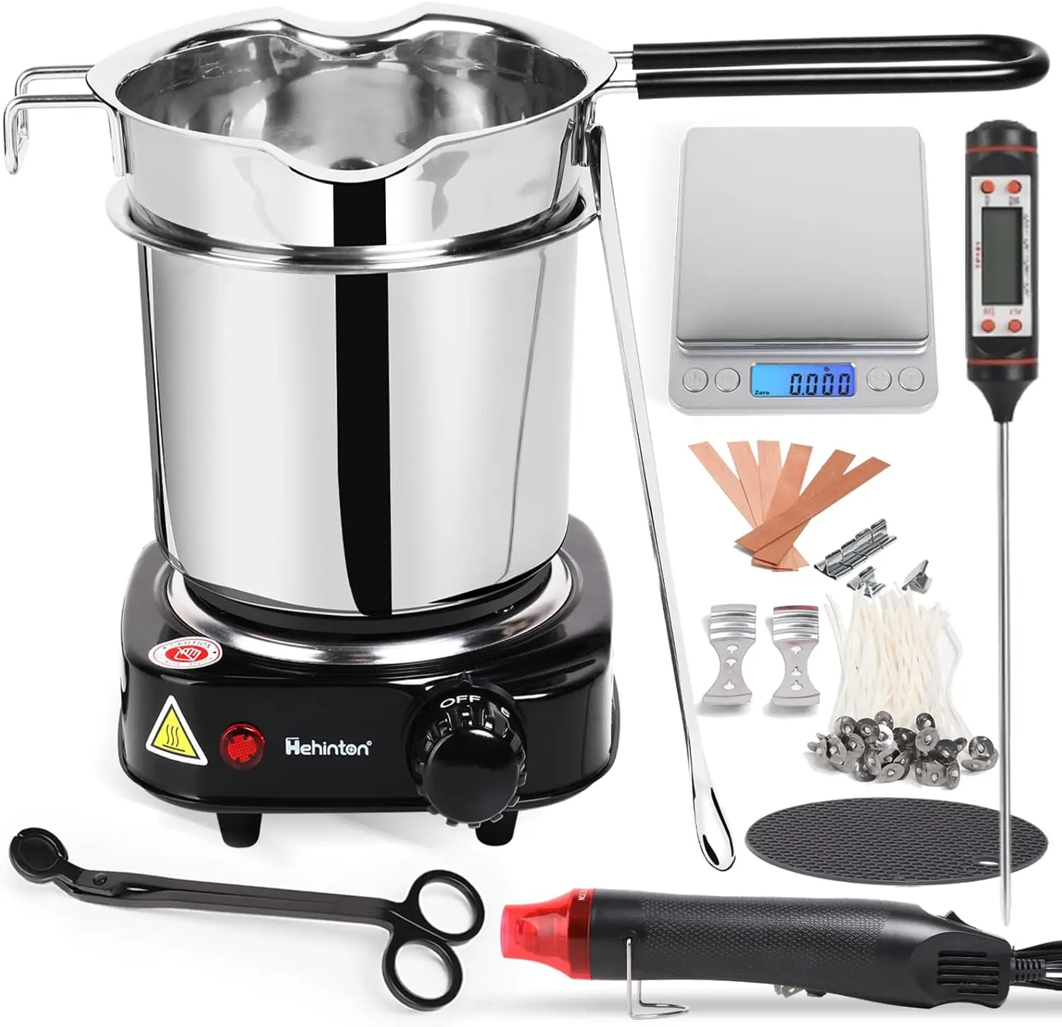 Double Boiler Wax Melter for Candle Making, Complete Kit with Scale, Heat Gun, Thermometer
Double Boiler Wax Melter for Candle Making, Complete Kit with Scale, Heat Gun, Thermometer