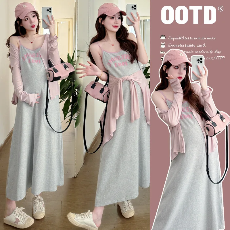 Pink Maternity Dress Set Spring Fall New Cardigan with Sleeveless Dress Youthful Slimming Two Piece Outfit for Pregnant Women 
Pink Maternity Dress Set Spring Fall New Cardigan with Sleeveless Dress Youthful Slimming Two Piece Outfit for Pregnant Women