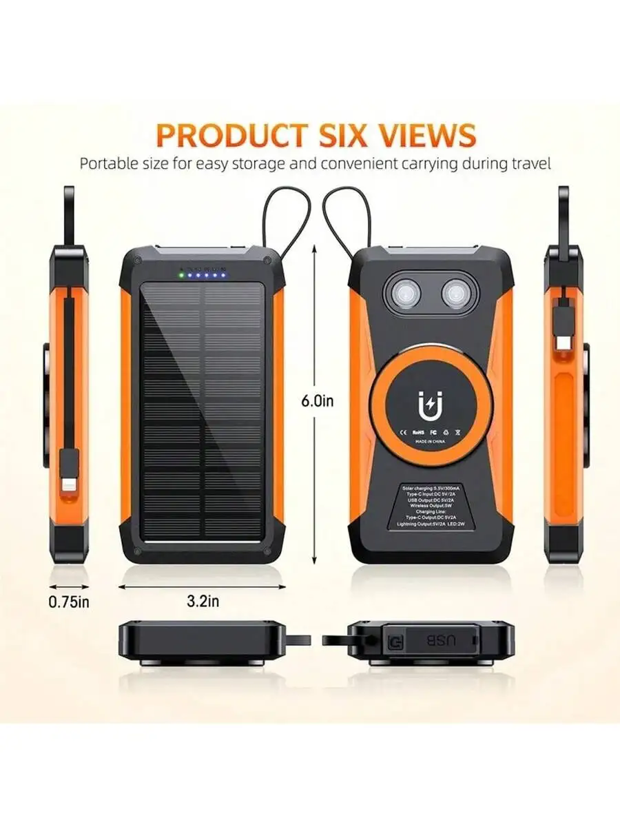 20000mAh Solar Power Bank With Dual Flashlights And Built-In Cables Portable Charger For Outdoor Travel Camping
20000mAh Solar Power Bank With Dual Flashlights And Built-In Cables Portable Charger For Outdoor Travel Camping