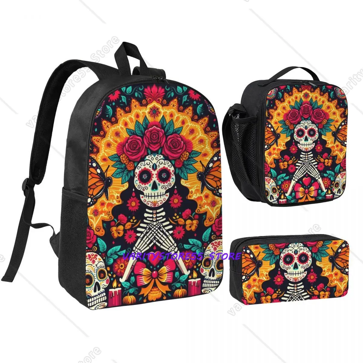 Mexican Sugar Skulls And Flowers Backpack Student BookBag School Bag Computer Shoulder Bags 3ps Insulated Lunch Bag Pencil Case
Mexican Sugar Skulls And Flowers Backpack Student BookBag School Bag Computer Shoulder Bags 3ps Insulated Lunch Bag Pencil Case