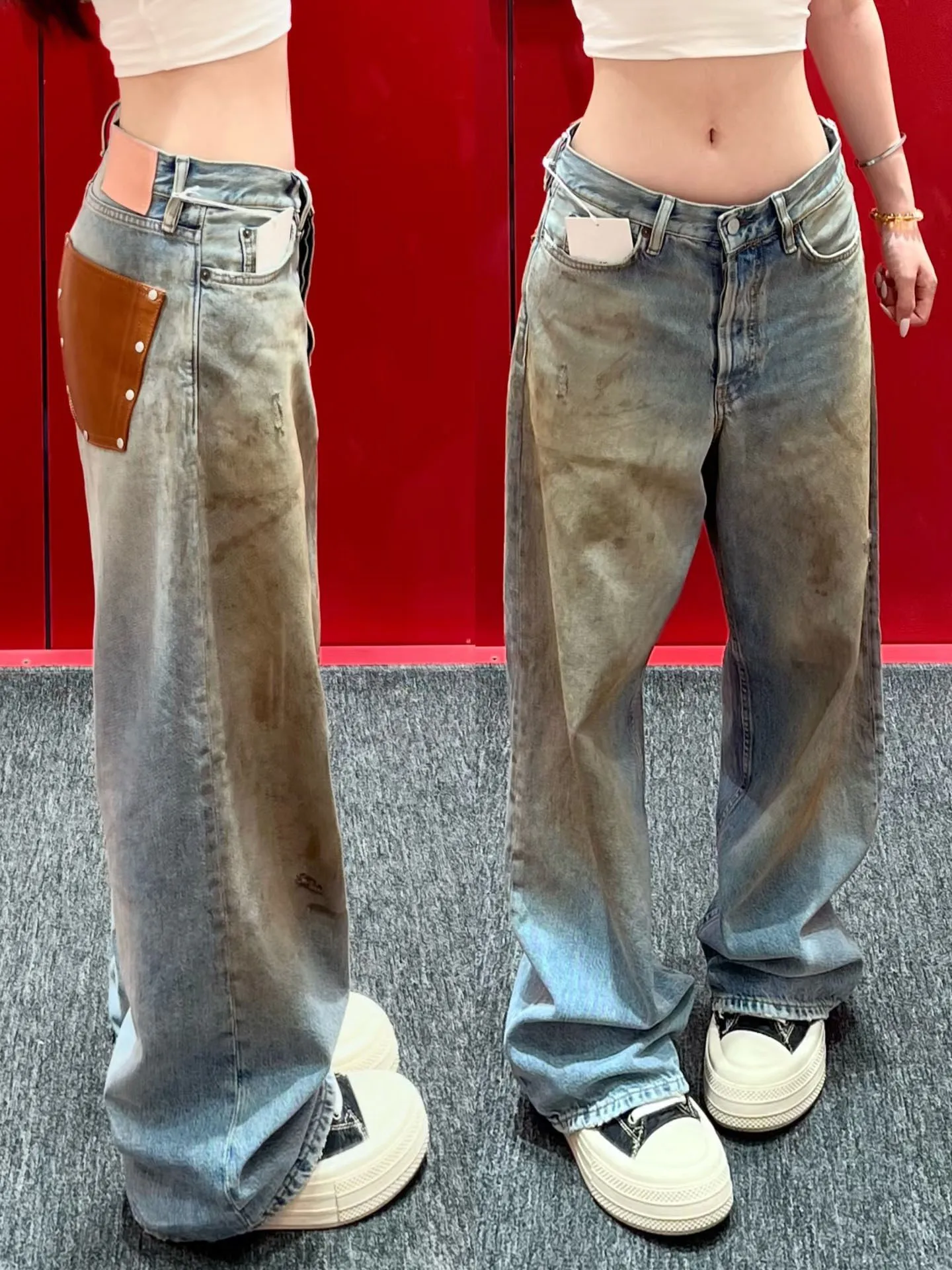 Retro Faded Mud Stained Wide Leg Denim Jeans Women's High Waist Leather Pocket Durability for All Seasons Slightly Stretchy
Retro Faded Mud Stained Wide Leg Denim Jeans Women's High Waist Leather Pocket Durability for All Seasons Slightly Stretchy