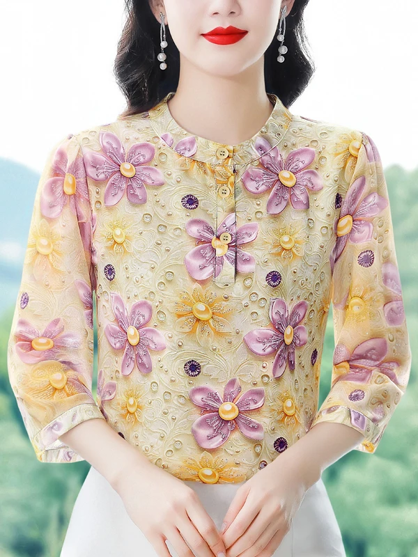 Casual Floral Print Midi Sleeve Chiffon Shirt Women Summer New Style High Quality Loose Fit round Neck Top for Mom Fashionable
Casual Floral Print Midi Sleeve Chiffon Shirt Women Summer New Style High Quality Loose Fit round Neck Top for Mom Fashionable