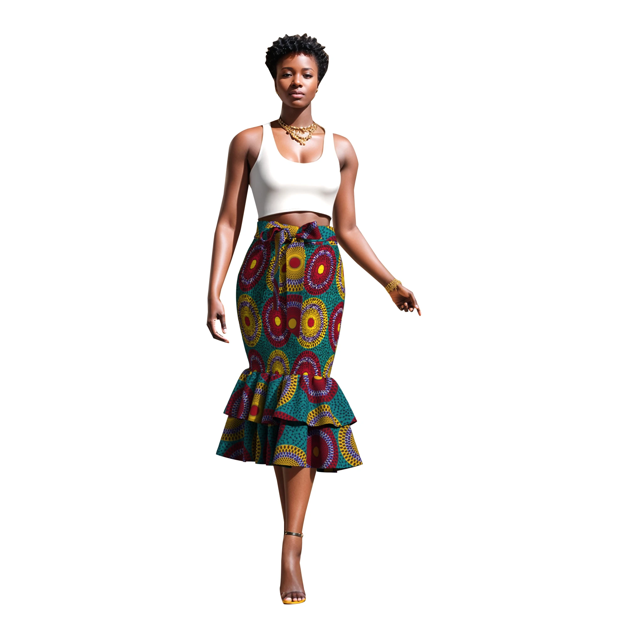 Women African Print High Waist Tie Belt Midi Skirt Double Ruffle Hem Bodycon Pencil Skirt WY10494
Women African Print High Waist Tie Belt Midi Skirt Double Ruffle Hem Bodycon Pencil Skirt WY10494