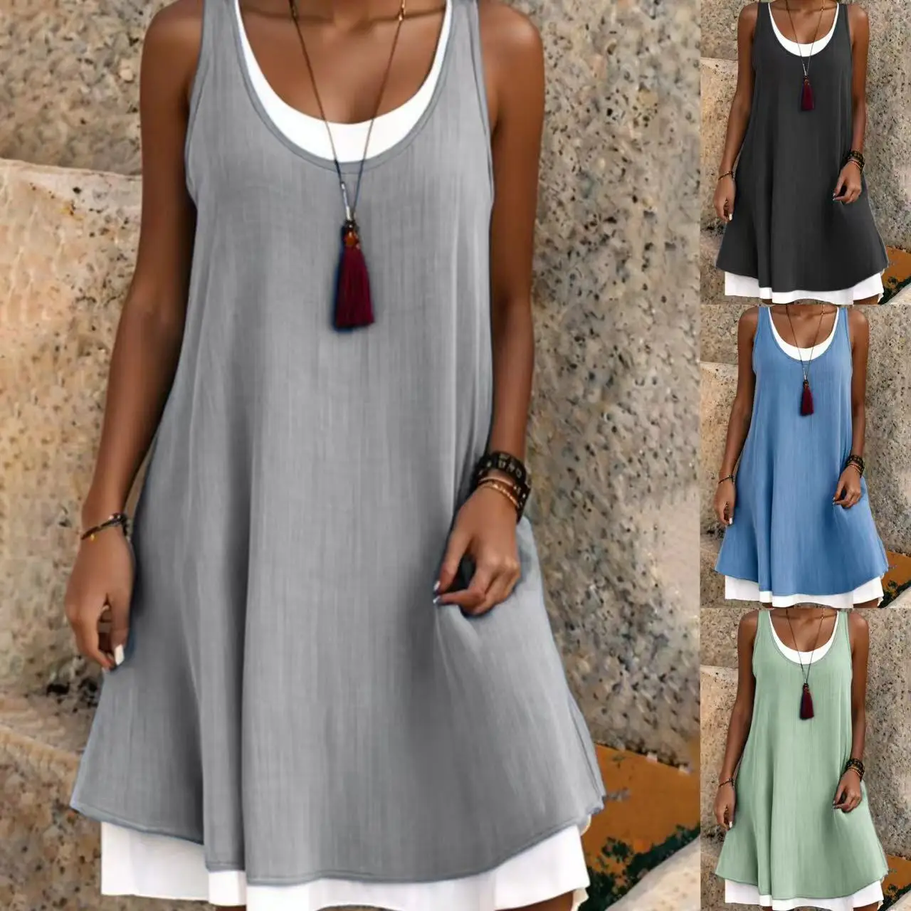 Summer Women's Solid Dress Casual Sleeveless Fake Two Piece Loose Dresses Female O Neck Office Holiday Beach Party Dress New
Summer Women's Solid Dress Casual Sleeveless Fake Two Piece Loose Dresses Female O Neck Office Holiday Beach Party Dress New