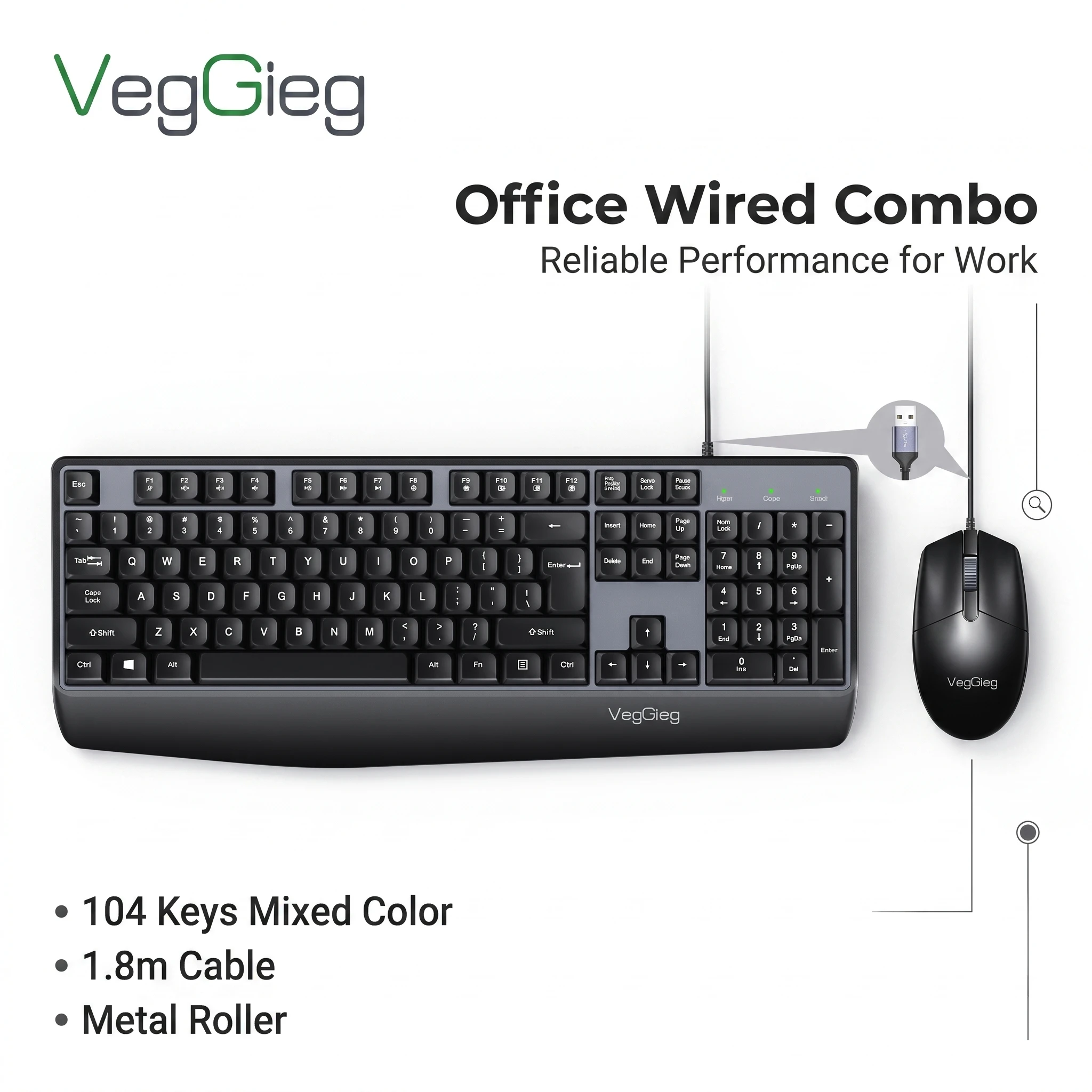 VegGieg 104 Keys Wired Keyboard Mouse Combo Quiet Membrane Ergonomic USB-A Set for Office PC Laptop
VegGieg 104 Keys Wired Keyboard Mouse Combo Quiet Membrane Ergonomic USB-A Set for Office PC Laptop