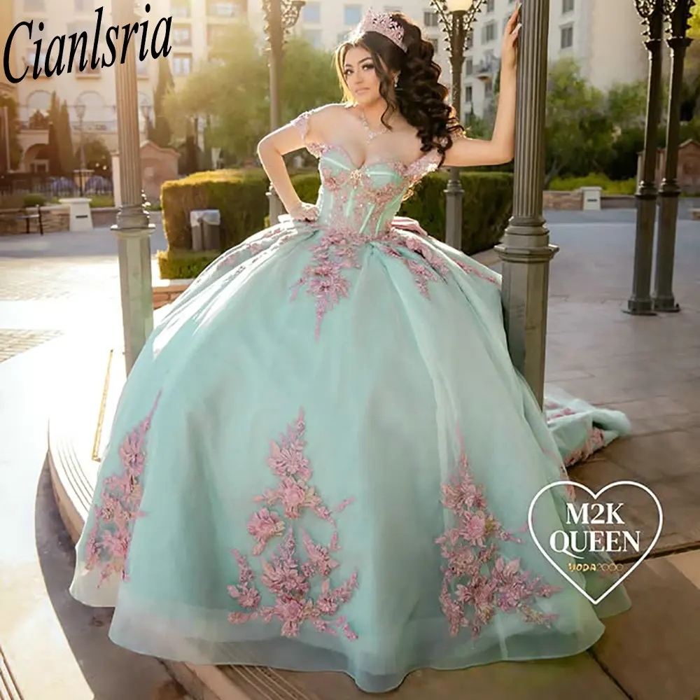 Mint Green Off The Shoulder Bow Quinceanera Dresses Ball Gown Pink Appliques Lace Sweet 15 Años Mexican Customized
Mint Green Off The Shoulder Bow Quinceanera Dresses Ball Gown Pink Appliques Lace Sweet 15 Años Mexican Customized