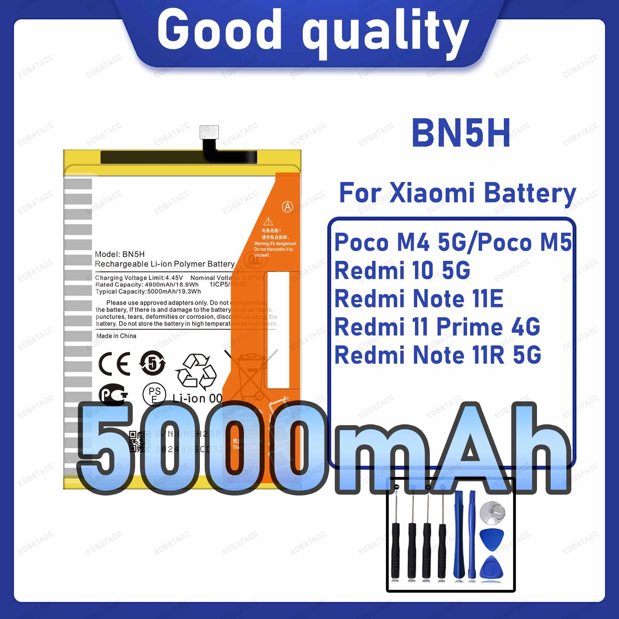 5000mAh BN5H Replacement Battery for Xiaomi Poco M4 5G/Poco M5/Redmi 10 5G with Repair Tools Kit
5000mAh BN5H Replacement Battery for Xiaomi Poco M4 5G/Poco M5/Redmi 10 5G with Repair Tools Kit