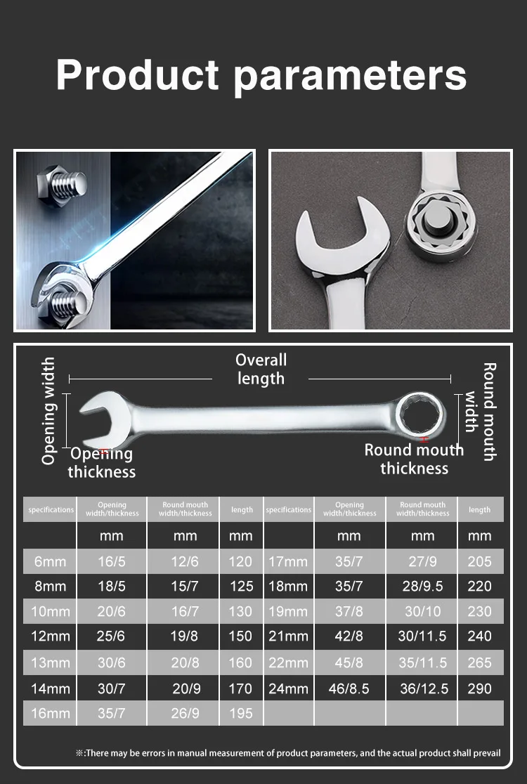 Industrial grade mirror quality manual wrench complete set with wrench, open end ring solid wrench, dual-purpose wrench
Industrial grade mirror quality manual wrench complete set with wrench, open end ring solid wrench, dual-purpose wrench