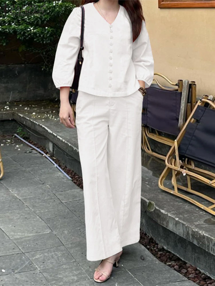 ZANZEA 2025 Autumn Women 2 Piece Pant Sets Casual 3/4 Sleeve V-Neck Shirts & Wide Leg Pants 2pcs Suits Commuting Solid Sets
ZANZEA 2025 Autumn Women 2 Piece Pant Sets Casual 3/4 Sleeve V-Neck Shirts & Wide Leg Pants 2pcs Suits Commuting Solid Sets