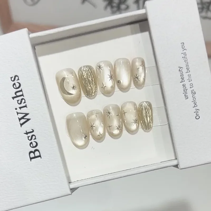 24pcs Handmade Press on Nails Acrylic with Glue Medium Short Cat Eye Gold Star Moon Stick on Nails Set with Charms Girls 2025
24pcs Handmade Press on Nails Acrylic with Glue Medium Short Cat Eye Gold Star Moon Stick on Nails Set with Charms Girls 2025