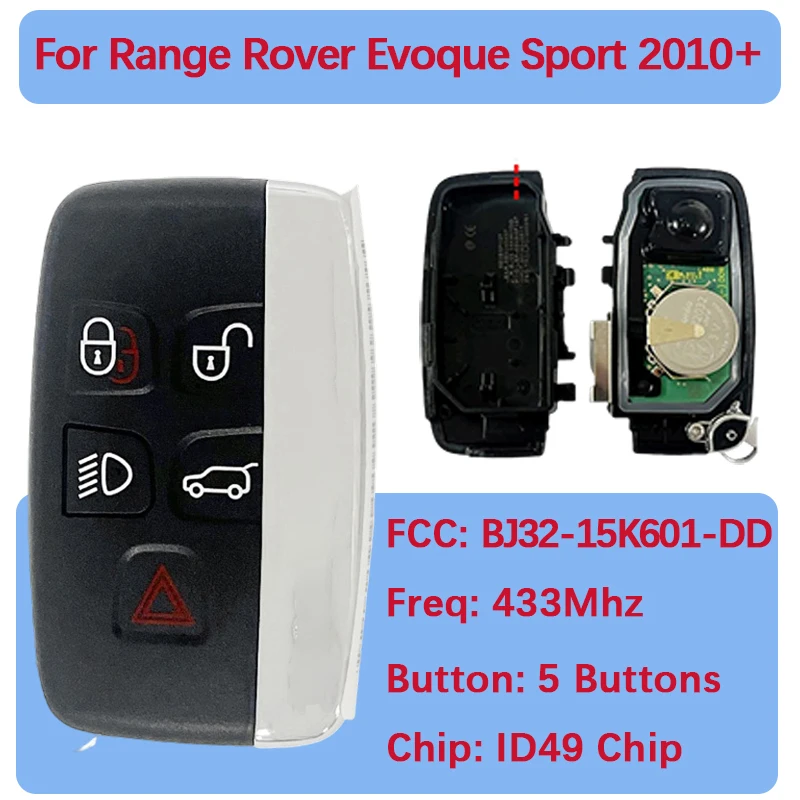 CN004003 Оригинальный смарт-брелок с 5 кнопками, 49 чипов, пульт дистанционного управления, 433 МГц, FCC BJ32-15K601-DD для Range Rover Evoque Sport 2010-2016
CN004003 Оригинальный смарт-брелок с 5 кнопками, 49 чипов, пульт дистанционного управления, 433 МГц, FCC BJ32-15K601-DD для Range Rover Evoque Sport 2010-2016