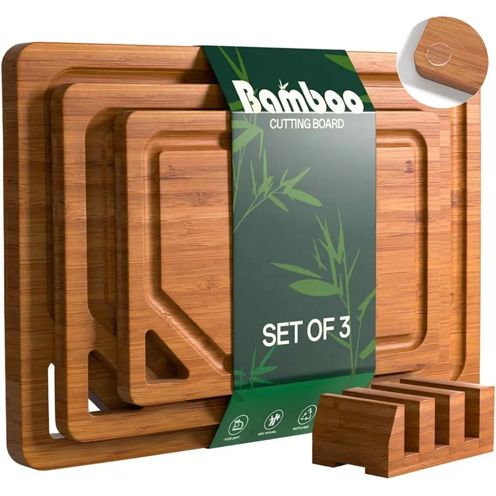 3-Piece Bamboo Cutting Board Set with Juice Groove, Holder, and Serving Utility
3-Piece Bamboo Cutting Board Set with Juice Groove, Holder, and Serving Utility