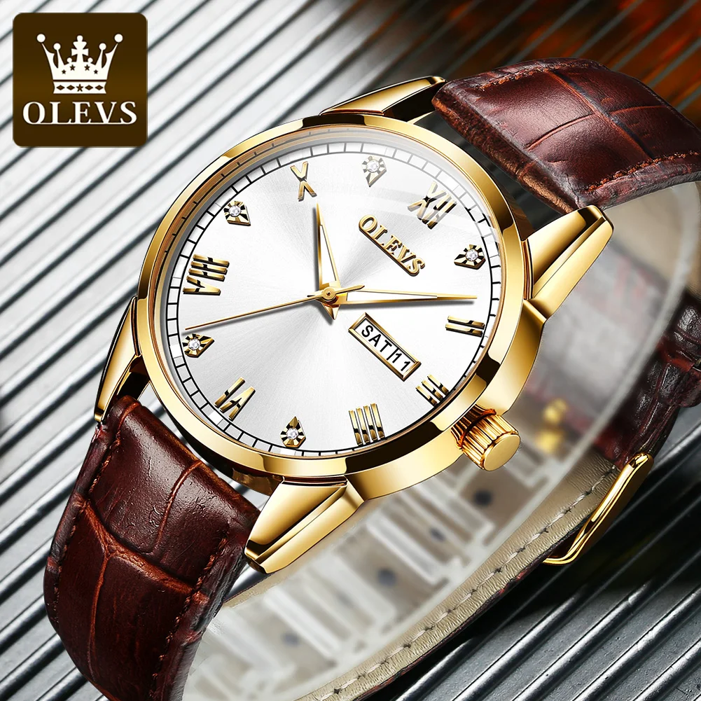 OLEVS 6896 Business Men Quartz Movement Watch Diamond Roman Index Leather Strap HD Luminous Function Waterproof Calendar Watch
OLEVS 6896 Business Men Quartz Movement Watch Diamond Roman Index Leather Strap HD Luminous Function Waterproof Calendar Watch