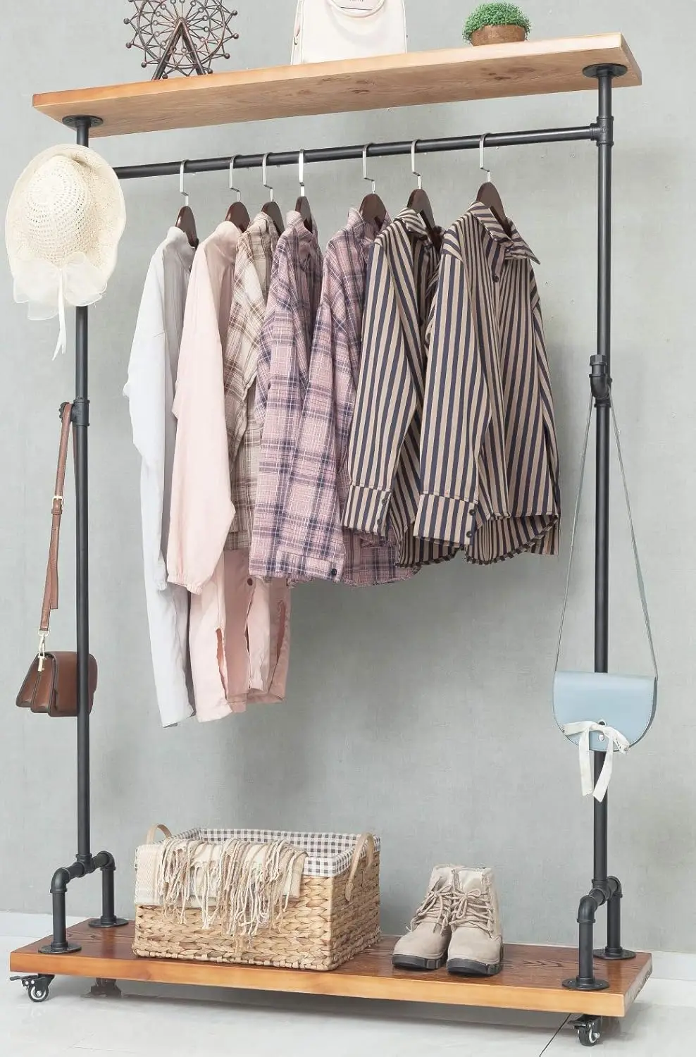 Industrial Pipe Clothing Rack on Wheels, Rolling Iron Garment Racks with Wood Shelves, Commercial Heavy Duty Clothing Racks
Industrial Pipe Clothing Rack on Wheels, Rolling Iron Garment Racks with Wood Shelves, Commercial Heavy Duty Clothing Racks