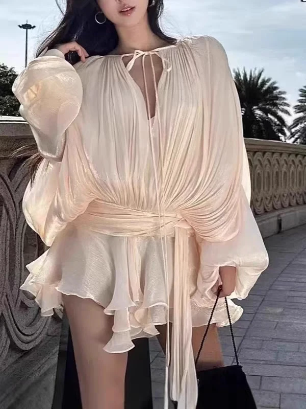 Women's Summer Chic Glossy Long Sleeve O Neck Loose Pleated Blouse Lady Spring Summer Solid Color Ruffles Blouse Mini Dress
Women's Summer Chic Glossy Long Sleeve O Neck Loose Pleated Blouse Lady Spring Summer Solid Color Ruffles Blouse Mini Dress