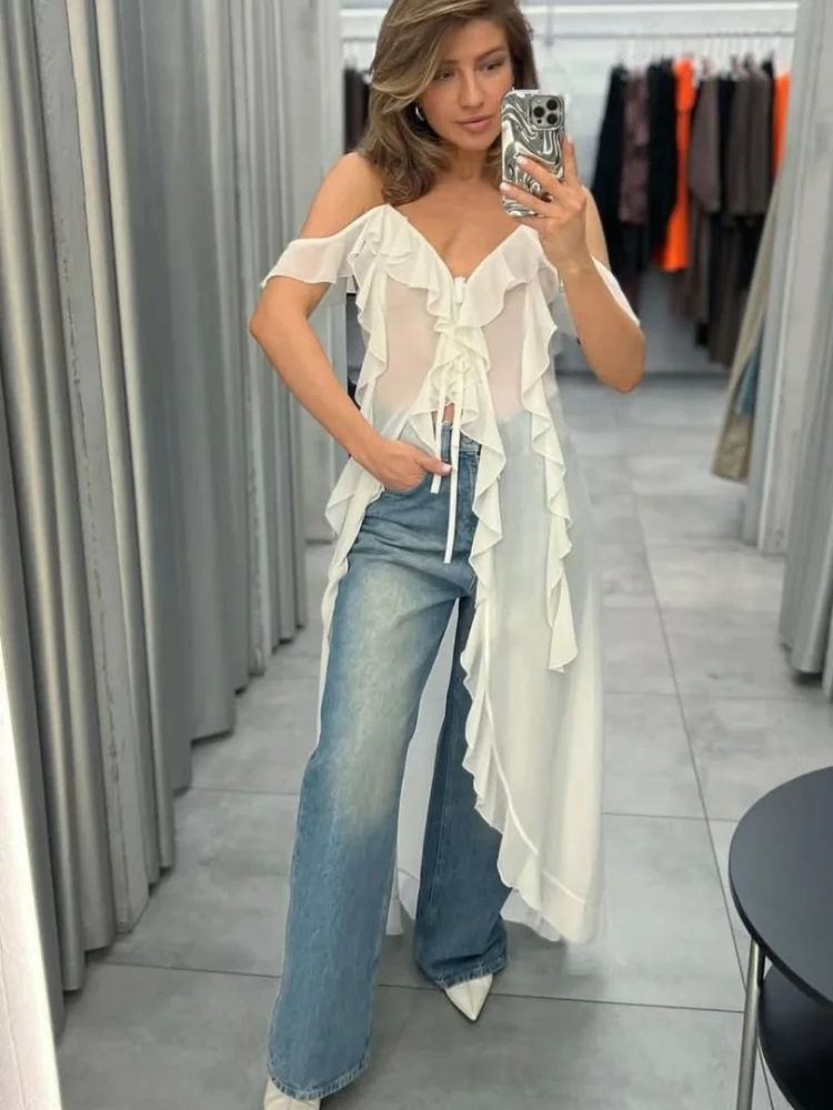 Women's V neck Asymmetrical Hem Chiffon Dress Spaghetti Strap Ruffled Off the Shoulder Max Robe 2026 New Casual Street Style
Women's V neck Asymmetrical Hem Chiffon Dress Spaghetti Strap Ruffled Off the Shoulder Max Robe 2026 New Casual Street Style