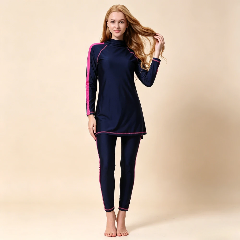 New 2PCS Color Block Burkini Swimwear Long Sleeve Tunic Top with Pink Stripes Full Length Pants Conservative Muslim Bathing Suit
New 2PCS Color Block Burkini Swimwear Long Sleeve Tunic Top with Pink Stripes Full Length Pants Conservative Muslim Bathing Suit