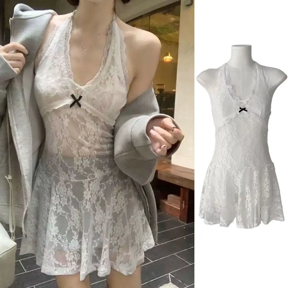 Fashion Transparent Lace Halter Dress V-neck A-line Lace-up Short Skirts Beachwear Spicy Girl Style Dresses Women For Girls
Fashion Transparent Lace Halter Dress V-neck A-line Lace-up Short Skirts Beachwear Spicy Girl Style Dresses Women For Girls