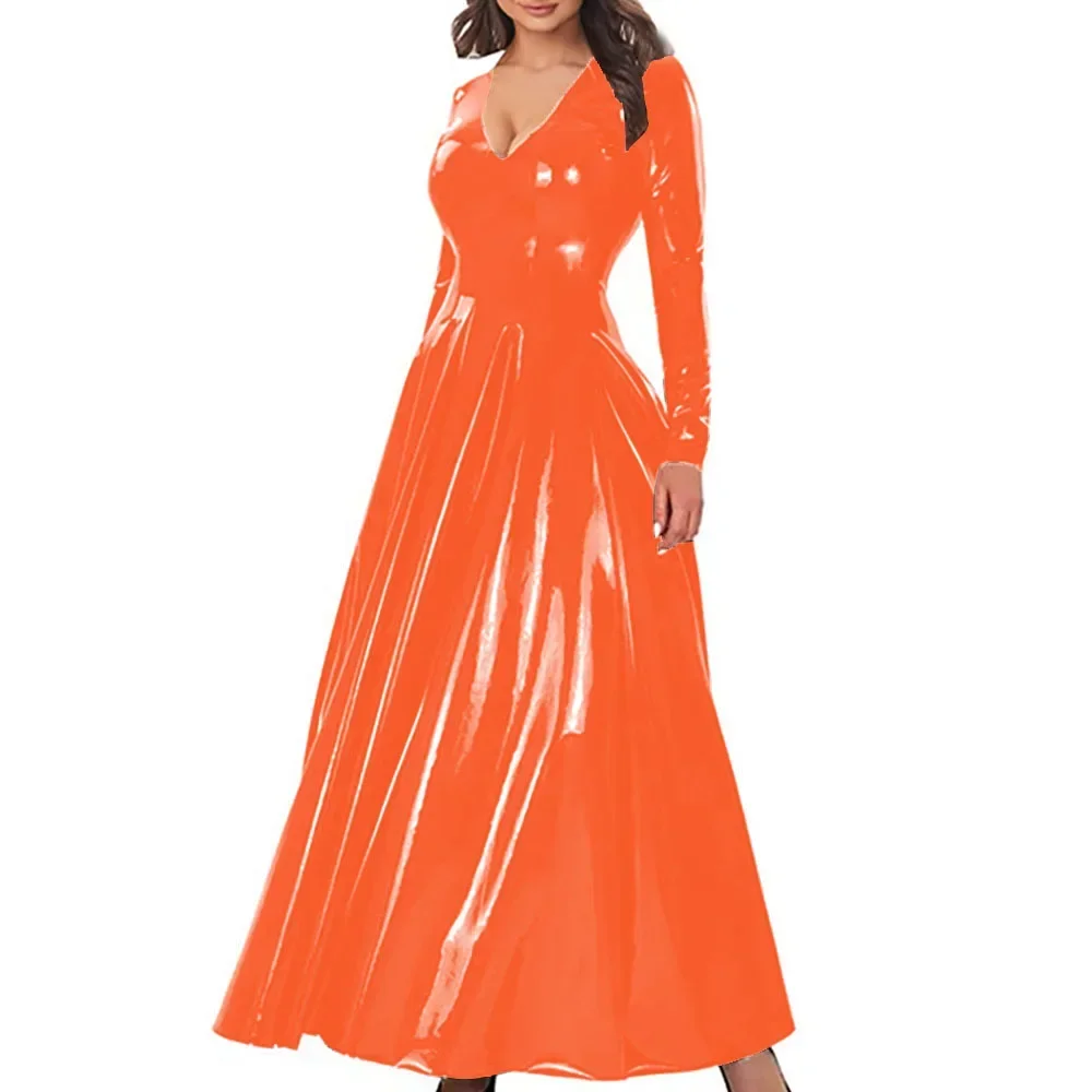 Plus Size Deep V Neck Ankle-length Dress Women Back Zipper Long Sleeve A-line Pleated Robe Glossy PVC Leather Streetwear
Plus Size Deep V Neck Ankle-length Dress Women Back Zipper Long Sleeve A-line Pleated Robe Glossy PVC Leather Streetwear