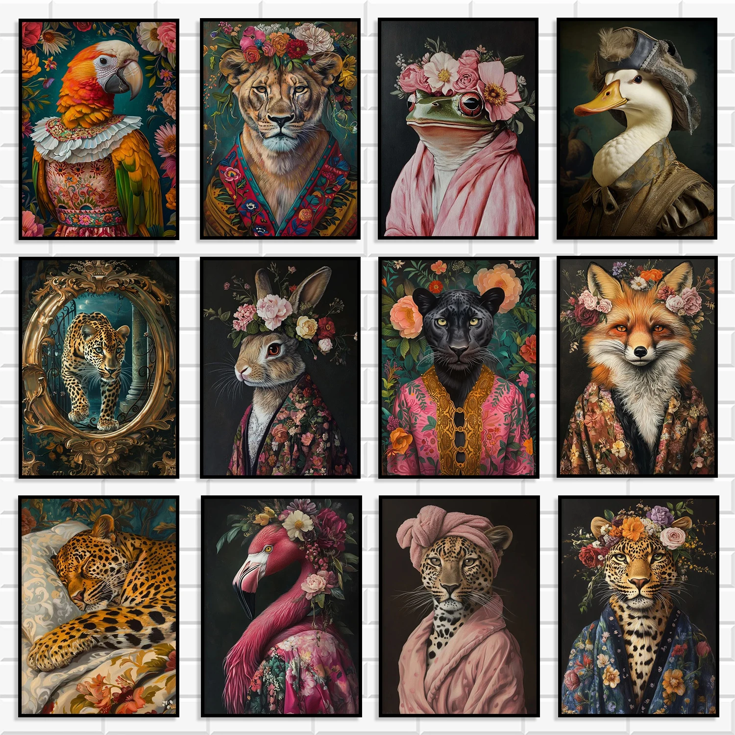 Vintage Baroque Floral Dressed Animal Canvas Wall Art Set Dark Academia Whimsical Wildlife Poster for Cottage Salon Home Decor
Vintage Baroque Floral Dressed Animal Canvas Wall Art Set Dark Academia Whimsical Wildlife Poster for Cottage Salon Home Decor