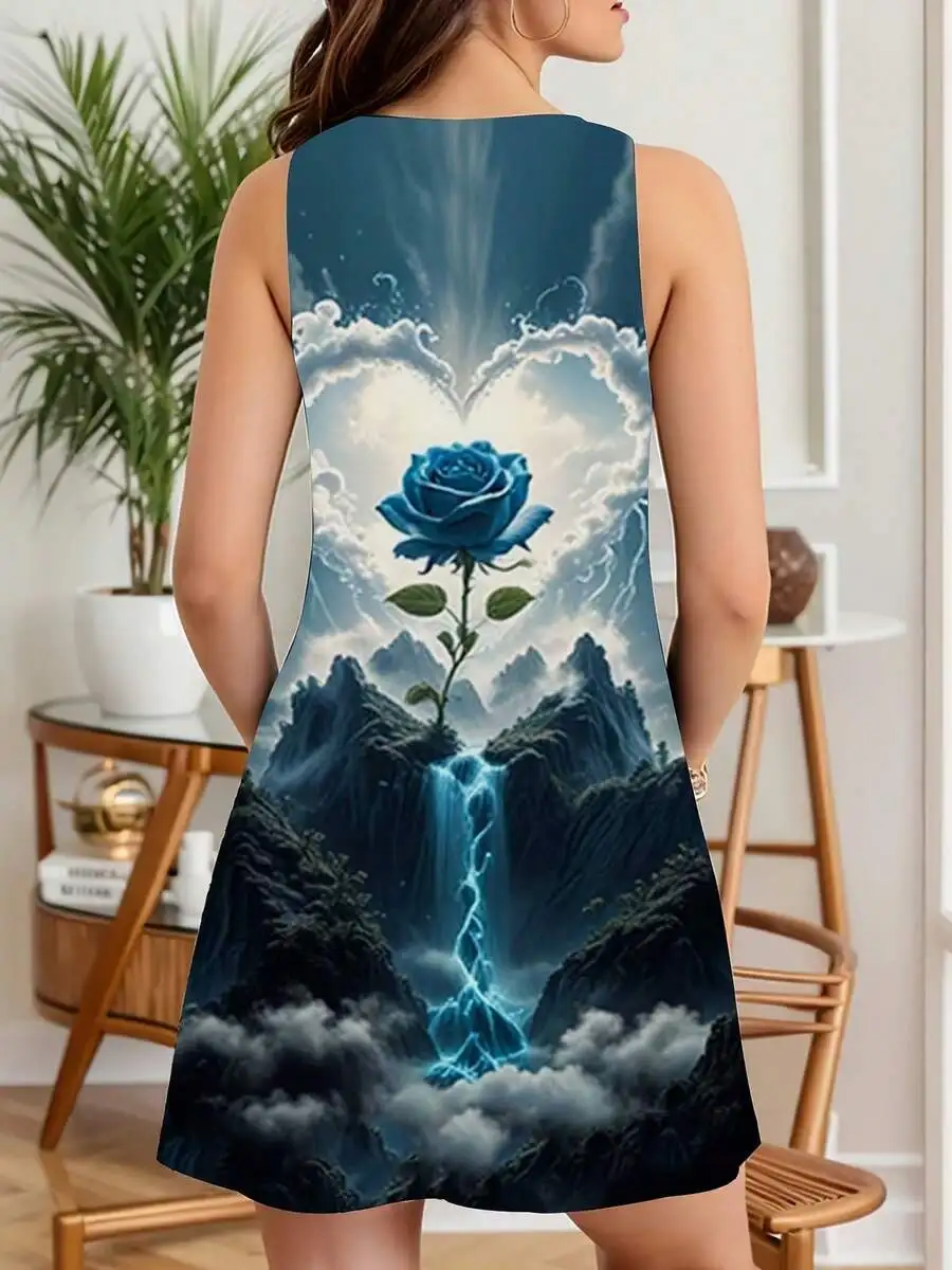 Women Sleeveless Dress Blue Rose Mountain Waterfall Print Summer Casual Party Dress
Women Sleeveless Dress Blue Rose Mountain Waterfall Print Summer Casual Party Dress