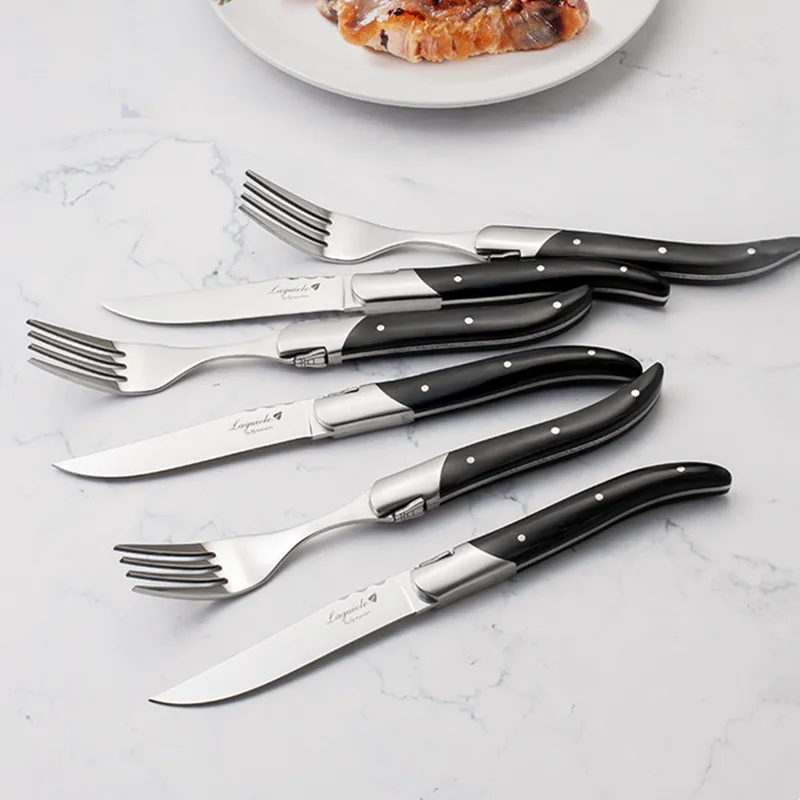 6 шт., ножи и вилки для стейка Laguiole, черная деревянная ручка, обеденный нож, столовая посуда, набор посуды для ресторана, бара, рождественские подарки
6 шт., ножи и вилки для стейка Laguiole, черная деревянная ручка, обеденный нож, столовая посуда, набор посуды для ресторана, бара, рождественские подарки