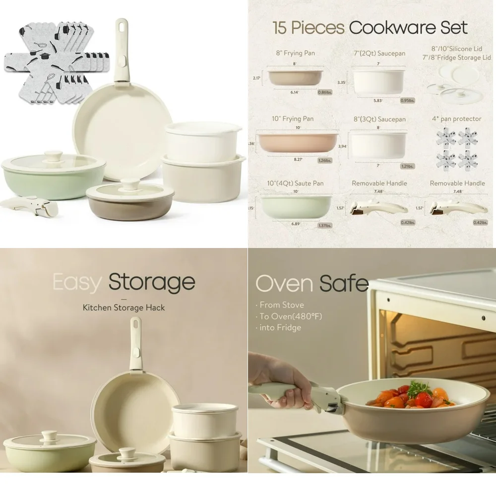 Cookware Sets15 Piece Non Stick Cookware Set with Detachable Handle Pots and Pans
Cookware Sets15 Piece Non Stick Cookware Set with Detachable Handle Pots and Pans