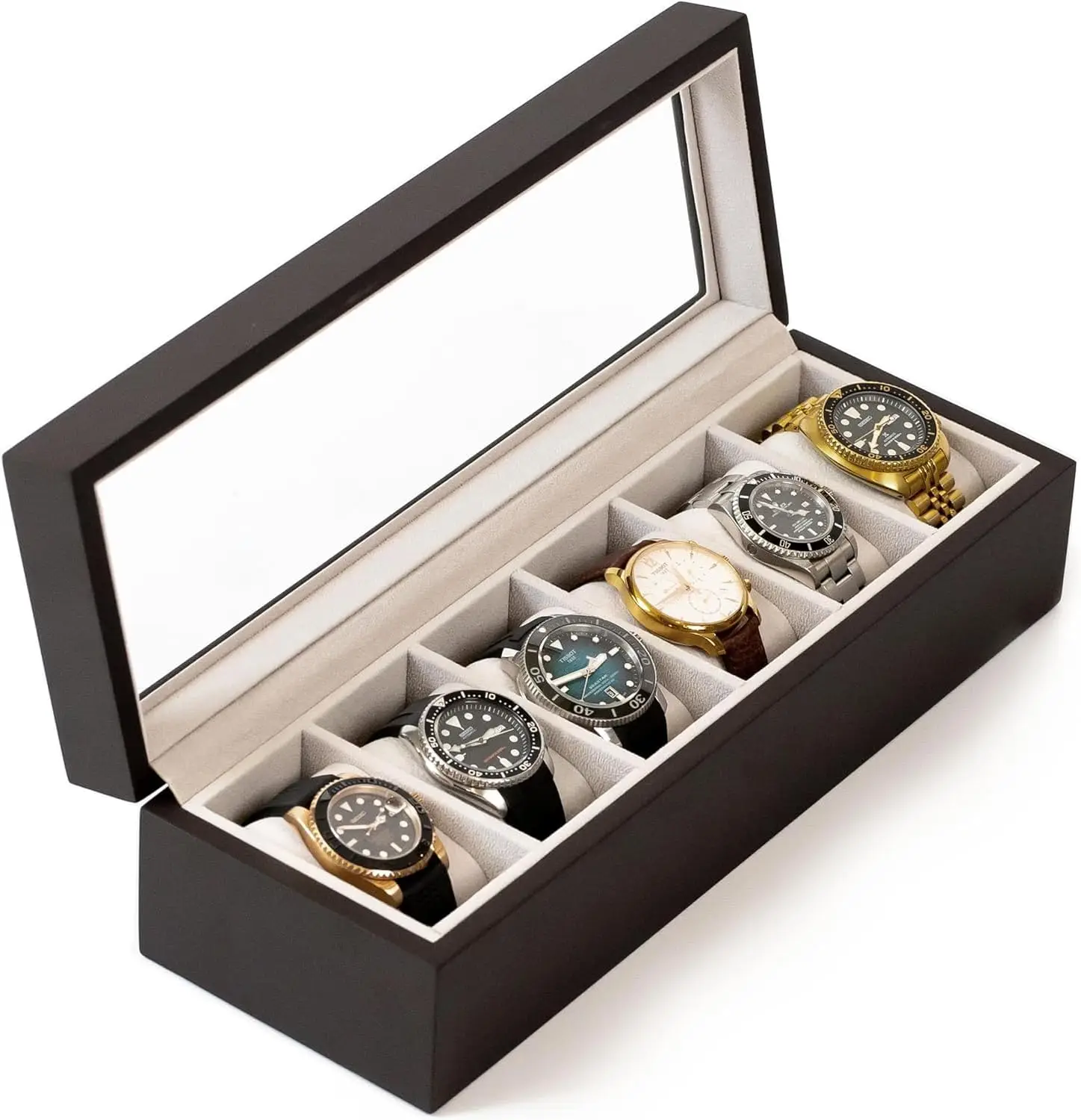 Elegant Espresso Wood Watch Box with Glass Top, Magnetic Closure, Holds 6 Watches
Elegant Espresso Wood Watch Box with Glass Top, Magnetic Closure, Holds 6 Watches