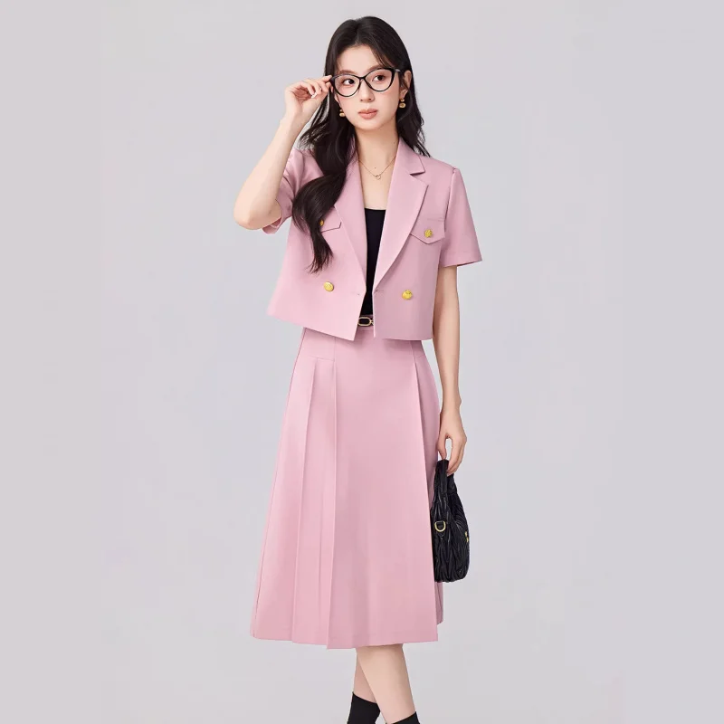 Summer short-sleeved cropped blazer with a small suit collar, women's skirt, two-piece set for petite women, cross-border profes
Summer short-sleeved cropped blazer with a small suit collar, women's skirt, two-piece set for petite women, cross-border profes