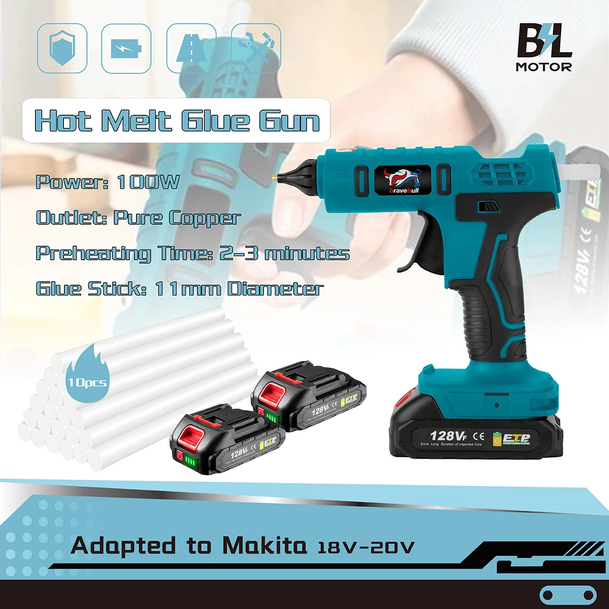 Bravebull 11mm Electric Hot Helt Glue Gun Kit W/ 10PCS Sticks Christmas Home DIY Repair Tool For Makita 18V Battery Pin
Bravebull 11mm Electric Hot Helt Glue Gun Kit W/ 10PCS Sticks Christmas Home DIY Repair Tool For Makita 18V Battery Pin