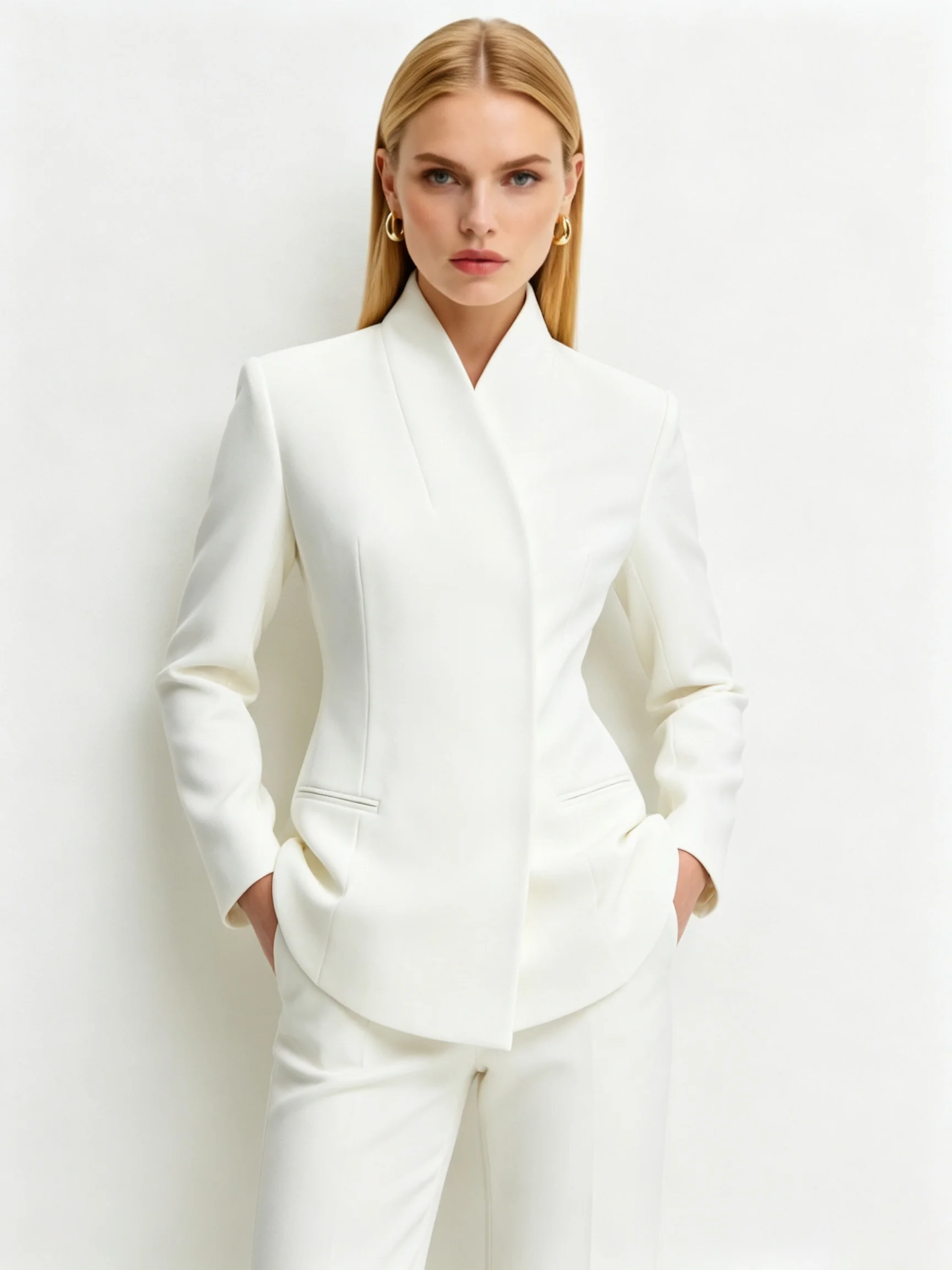 LIMO 2026 New White Stand V Neck Suit Jacket Concealed Placket Fitted Waist Welt Pockets Elegant Business Outerwear
LIMO 2026 New White Stand V Neck Suit Jacket Concealed Placket Fitted Waist Welt Pockets Elegant Business Outerwear