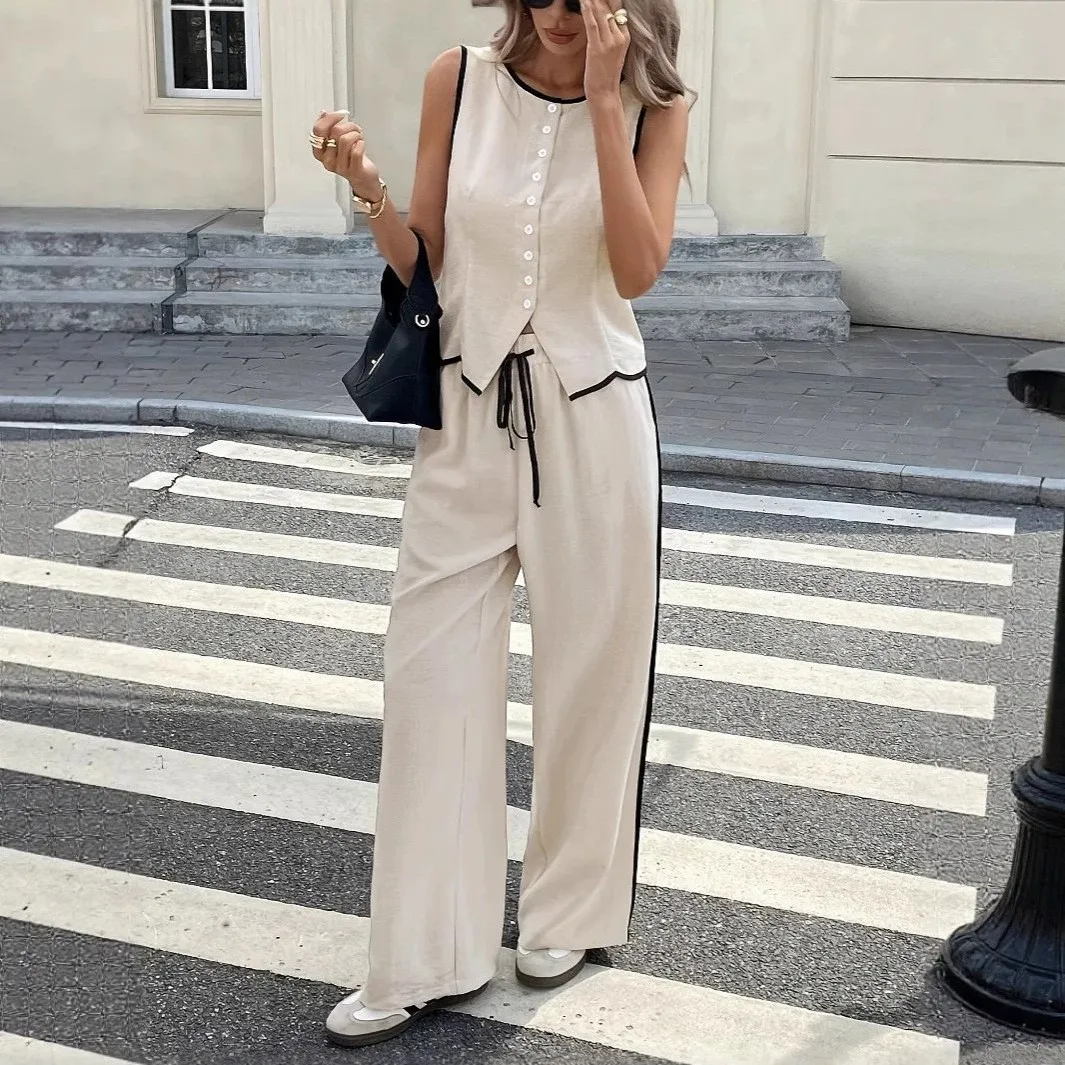 Summer 2 Pieces Set For Woman Contrast Color Tank Top Wide Leg Pants Camisole Drawstring Waist Sleeveless Top Beige Set Vest
Summer 2 Pieces Set For Woman Contrast Color Tank Top Wide Leg Pants Camisole Drawstring Waist Sleeveless Top Beige Set Vest