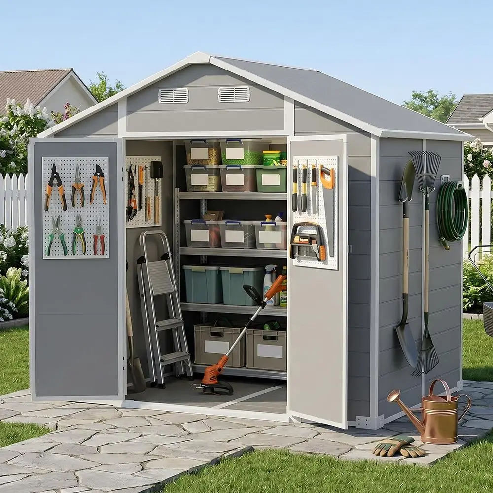 8x6 Outdoor Resin Storage Shed with Floor, Lockable Door, and Windows for All-Weather Garden, Patio, Bike, and Tool Storage
8x6 Outdoor Resin Storage Shed with Floor, Lockable Door, and Windows for All-Weather Garden, Patio, Bike, and Tool Storage