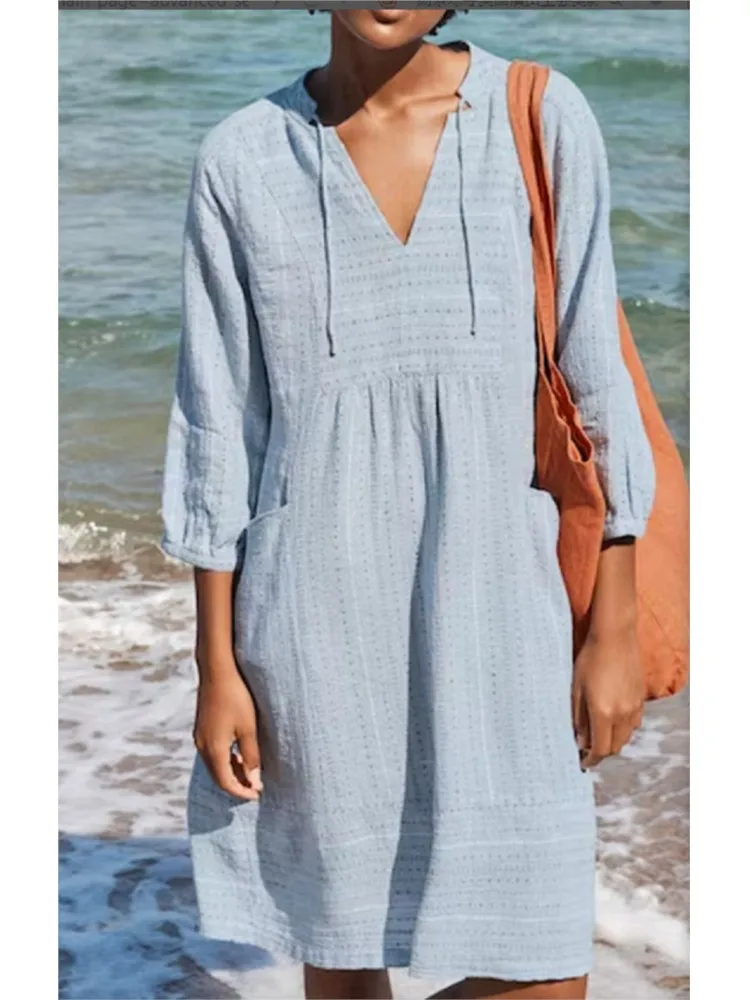 Spring Summer New Women's Fashion Solid Color Jacquard Cotton Linen Dress Sexy V-neck Casual Loose Pocket Dress
Spring Summer New Women's Fashion Solid Color Jacquard Cotton Linen Dress Sexy V-neck Casual Loose Pocket Dress