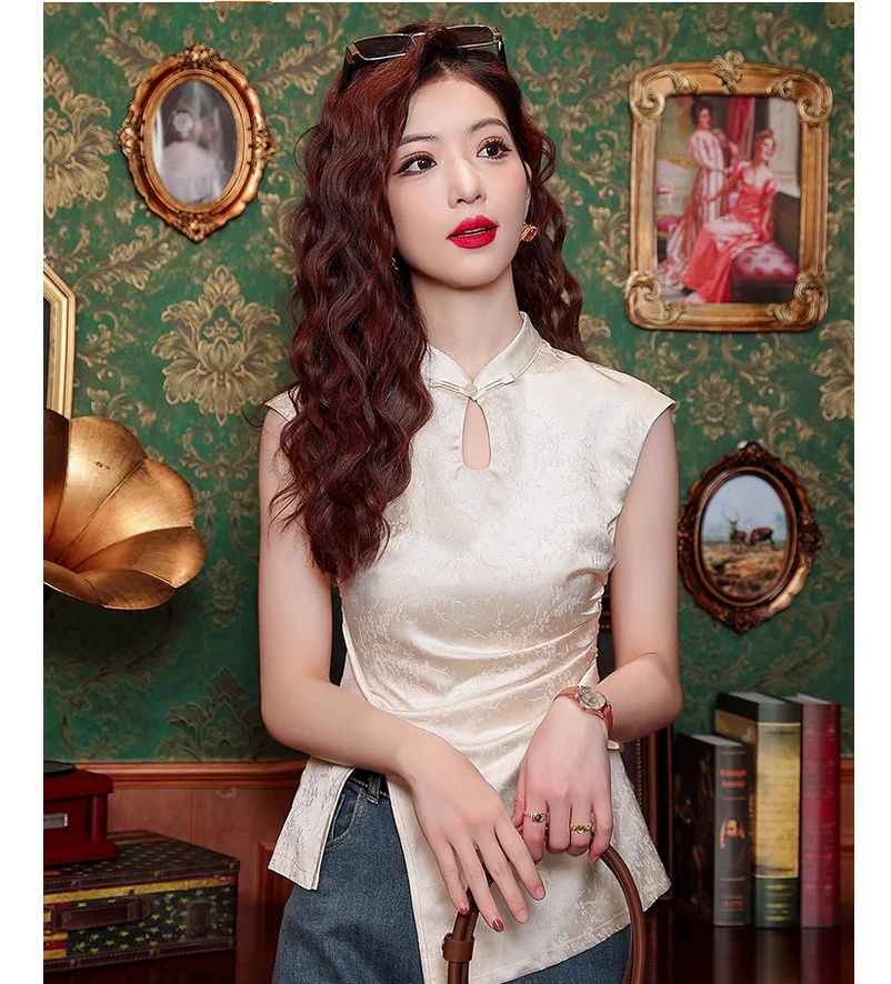 Acetate satin top thin style new Chinese style improved qipao sleeveless shirt summer
Acetate satin top thin style new Chinese style improved qipao sleeveless shirt summer
