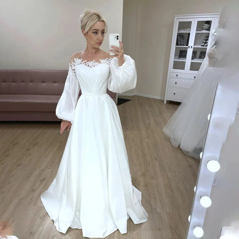 Elegant O-neck A Line Wedding Dresses with Puff Sleeves Handmade Lace Applique Bridal Gown
Elegant O-neck A Line Wedding Dresses with Puff Sleeves Handmade Lace Applique Bridal Gown