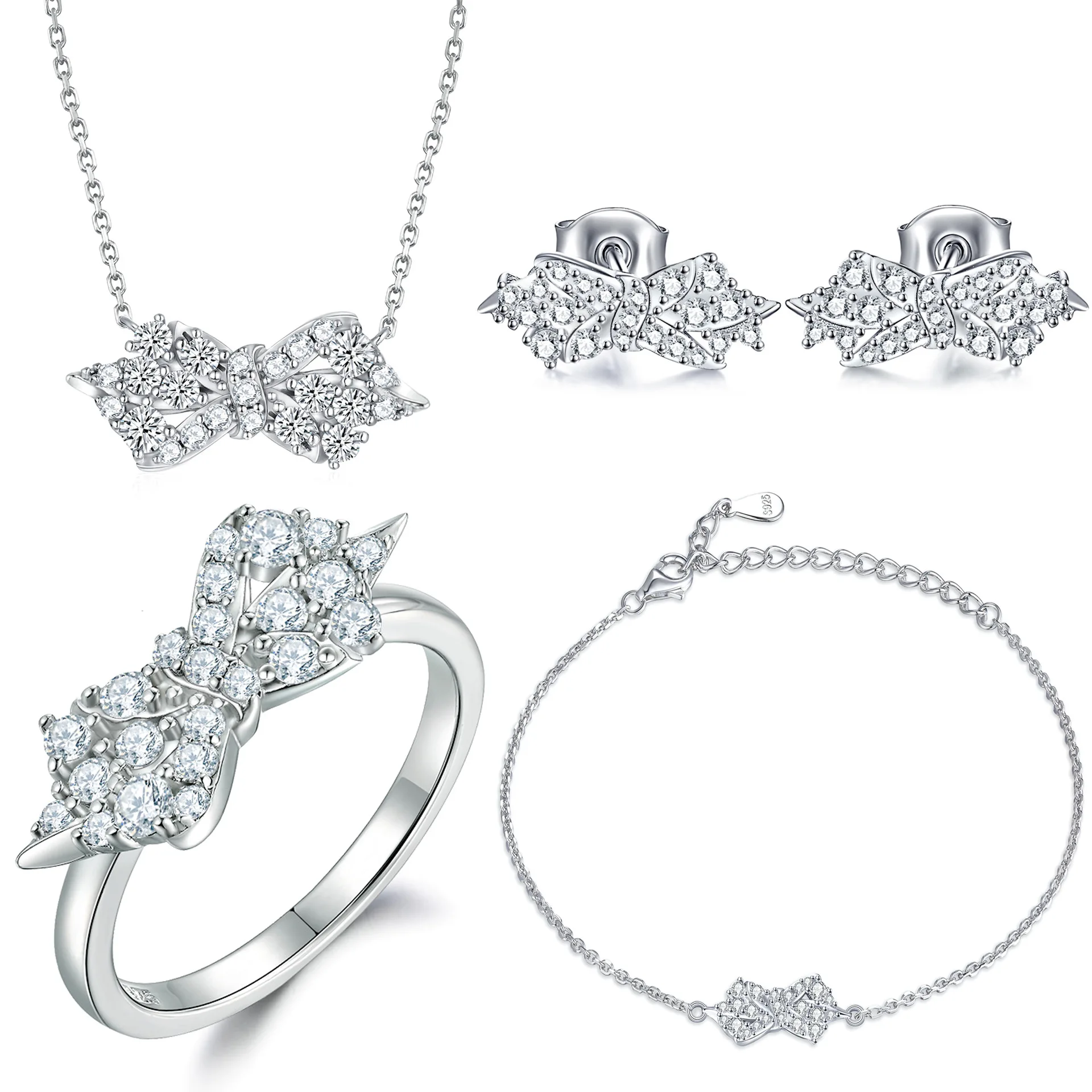 Fashion 18K gold PT950 platinum S925 silver 7-layer electroplated gold bow ring earrings necklace bracelet four piece set
Fashion 18K gold PT950 platinum S925 silver 7-layer electroplated gold bow ring earrings necklace bracelet four piece set