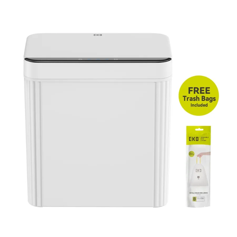 Bathroom trash can with motion sensor, plastic, white, 2.6-gallon capacity, includes sample trash bags
Bathroom trash can with motion sensor, plastic, white, 2.6-gallon capacity, includes sample trash bags