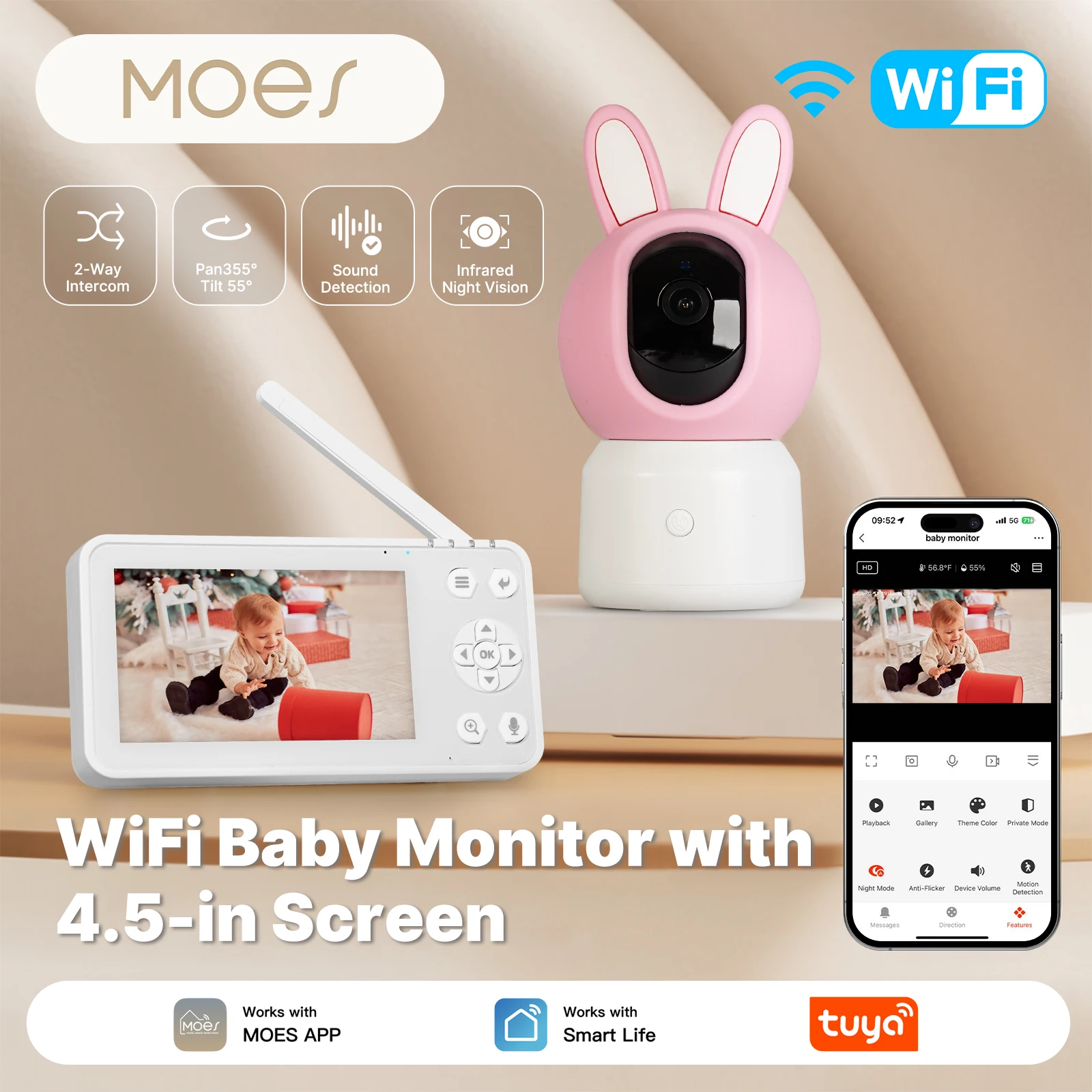 Умная Wi-Fi камера-видеоняня/видеоняня для животных MOES Tuya с 4,5-дюймовым ЖК-экраном, PTZ-зумом, датчиком температуры и функцией укачивания
Умная Wi-Fi камера-видеоняня/видеоняня для животных MOES Tuya с 4,5-дюймовым ЖК-экраном, PTZ-зумом, датчиком температуры и функцией укачивания