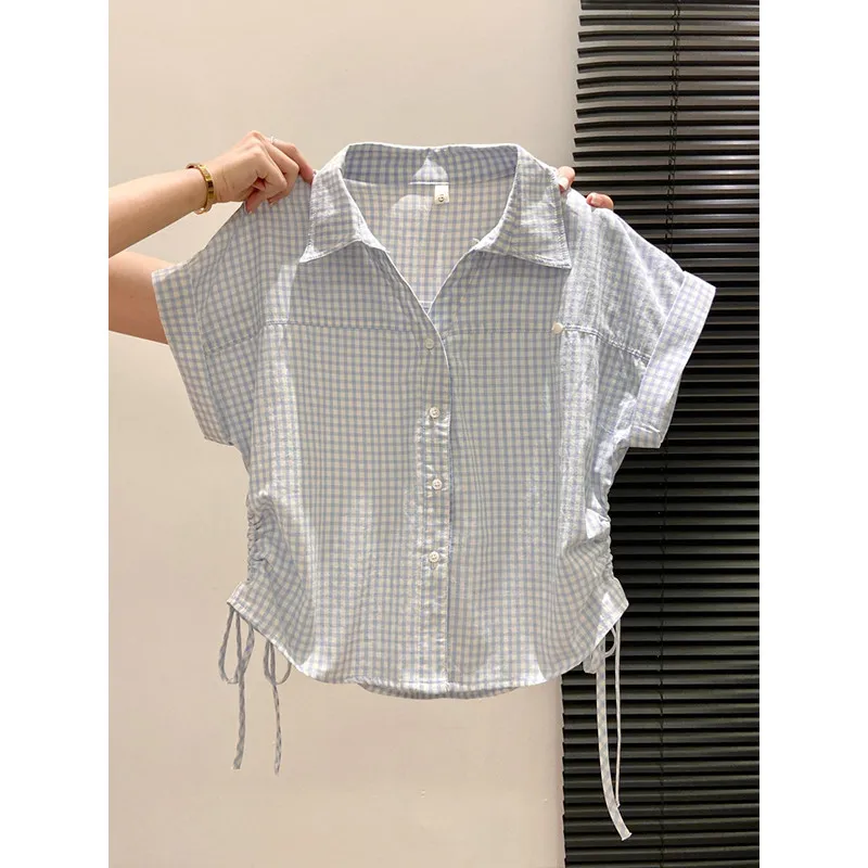Women's Blue Checkered Short-sleeved Shirt, Summer 2026 New Style, Featuring a Design with a Drawstring Cinched Waist, Short Top
Women's Blue Checkered Short-sleeved Shirt, Summer 2026 New Style, Featuring a Design with a Drawstring Cinched Waist, Short Top