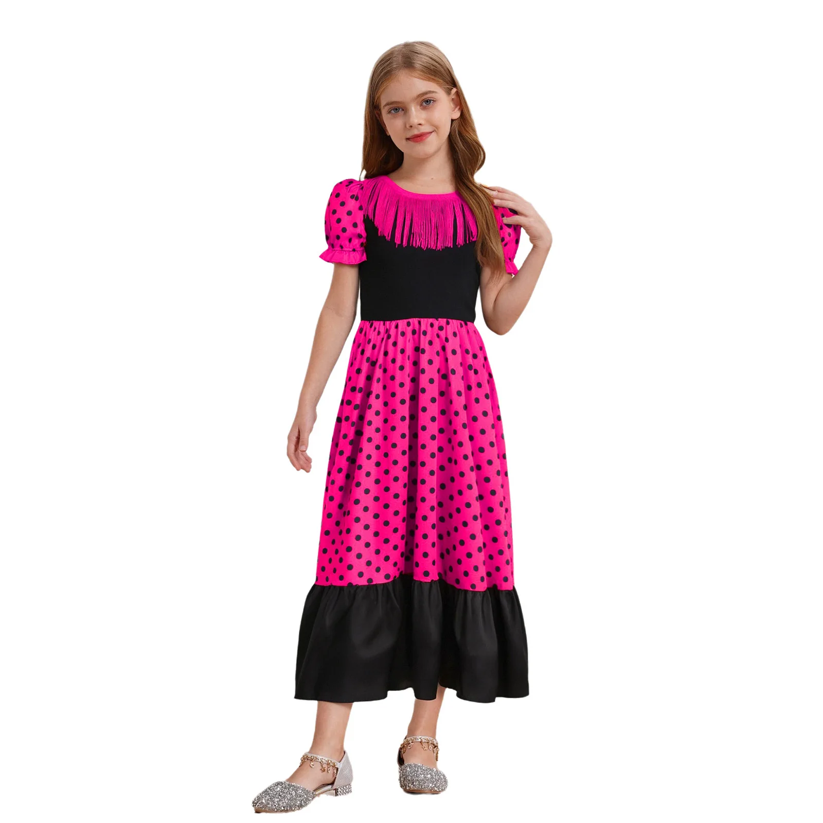 Kids Girls Spanish Flamenco Dance Dress Halloween Performance Costume Tassels Short Puff Sleeves Dots Color Block Midi Dress
Kids Girls Spanish Flamenco Dance Dress Halloween Performance Costume Tassels Short Puff Sleeves Dots Color Block Midi Dress